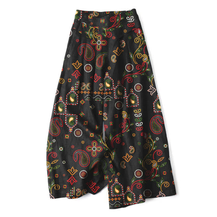 Buddha Stones Pantalon large à taille élastique et poches pour femme, en coton et lin, à motif floral d'inspiration folklorique - Noir - US16，UK/AU20，EU48 (3XL) - image 0