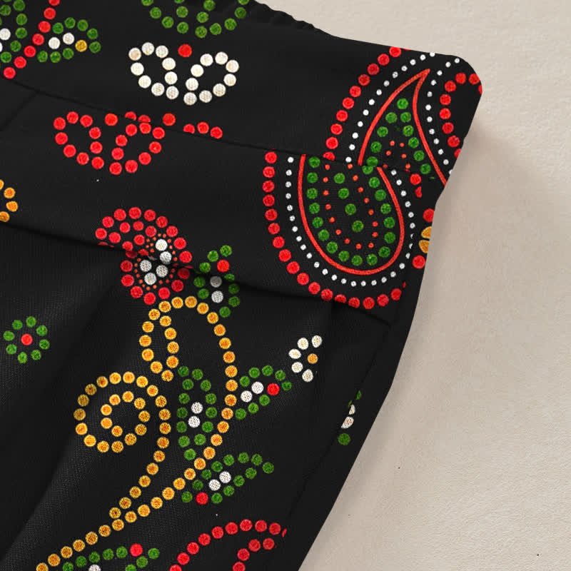 Buddha Stones Pantalon large à taille élastique et poches pour femme, en coton et lin, à motif floral d'inspiration folklorique - image 3