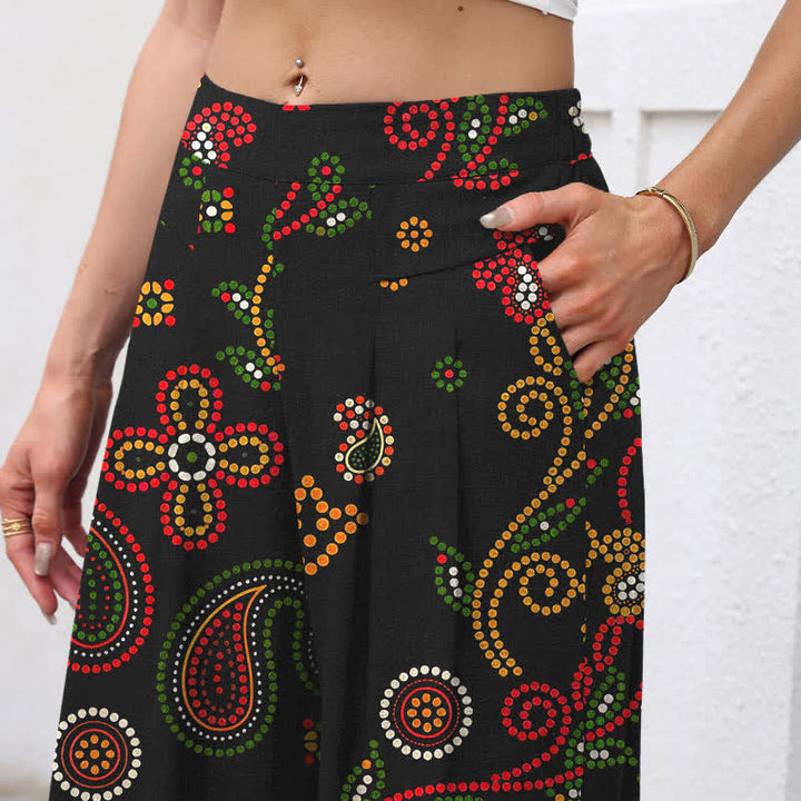 Buddha Stones Pantalon large à taille élastique et poches pour femme, en coton et lin, à motif floral d'inspiration folklorique - image 2