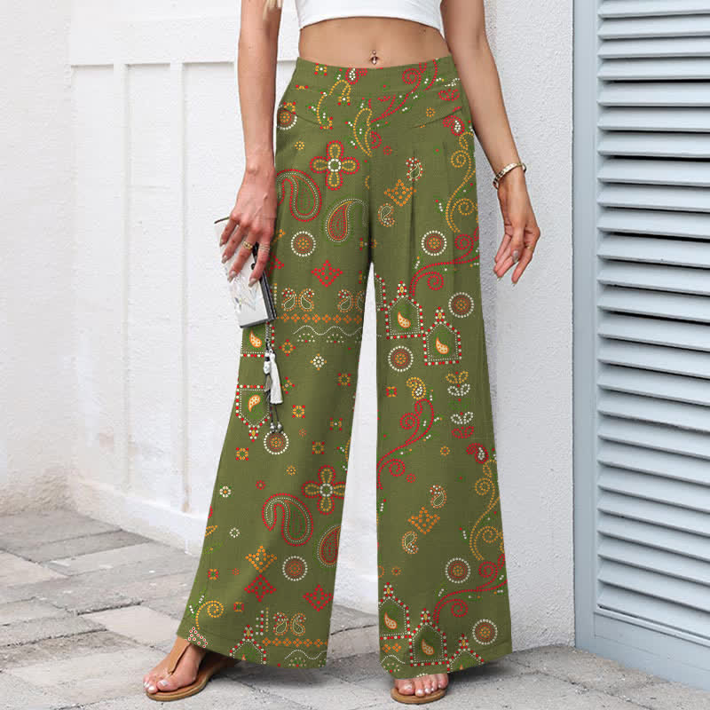 Buddha Stones Pantalon large à taille élastique et poches pour femme, en coton et lin, à motif floral d'inspiration folklorique - image 6