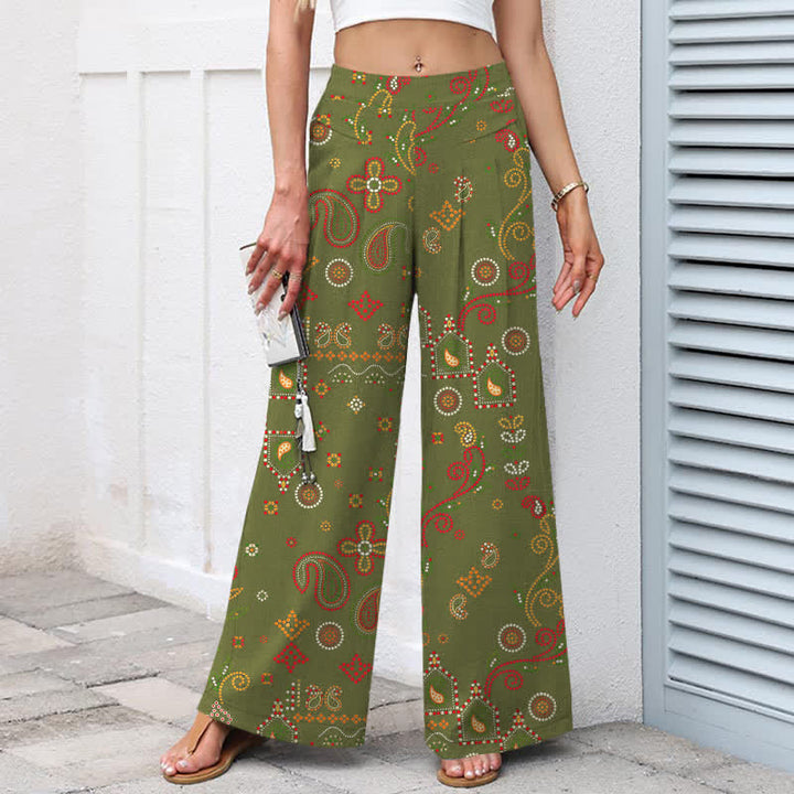 Buddha Stones Pantalon large à taille élastique et poches pour femme, en coton et lin, à motif floral d'inspiration folklorique - image 6