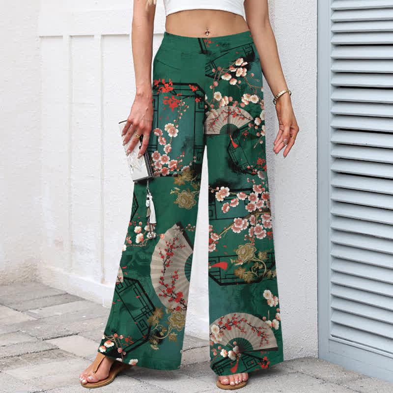 Buddha Stones Pantalon large pour femme en coton et lin, à motif floral oriental en éventail, taille élastique et poches - image 1