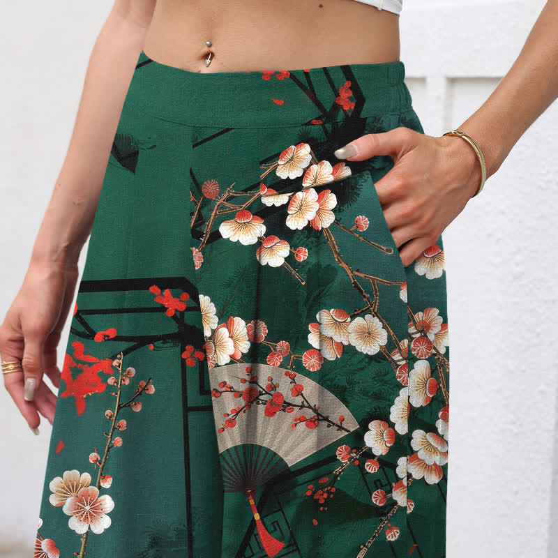 Buddha Stones Pantalon large pour femme en coton et lin, à motif floral oriental en éventail, taille élastique et poches - image 2