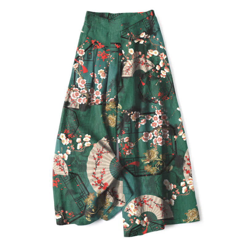 Buddha Stones Pantalon large pour femme en coton et lin, à motif floral oriental en éventail, taille élastique et poches - Vert foncé - US16，UK/AU20，EU48 (3XL) - image 0