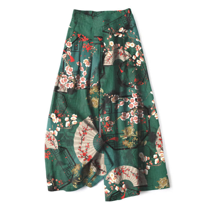 Buddha Stones Pantalon large pour femme en coton et lin, à motif floral oriental en éventail, taille élastique et poches - Vert foncé - US16，UK/AU20，EU48 (3XL) - image 0