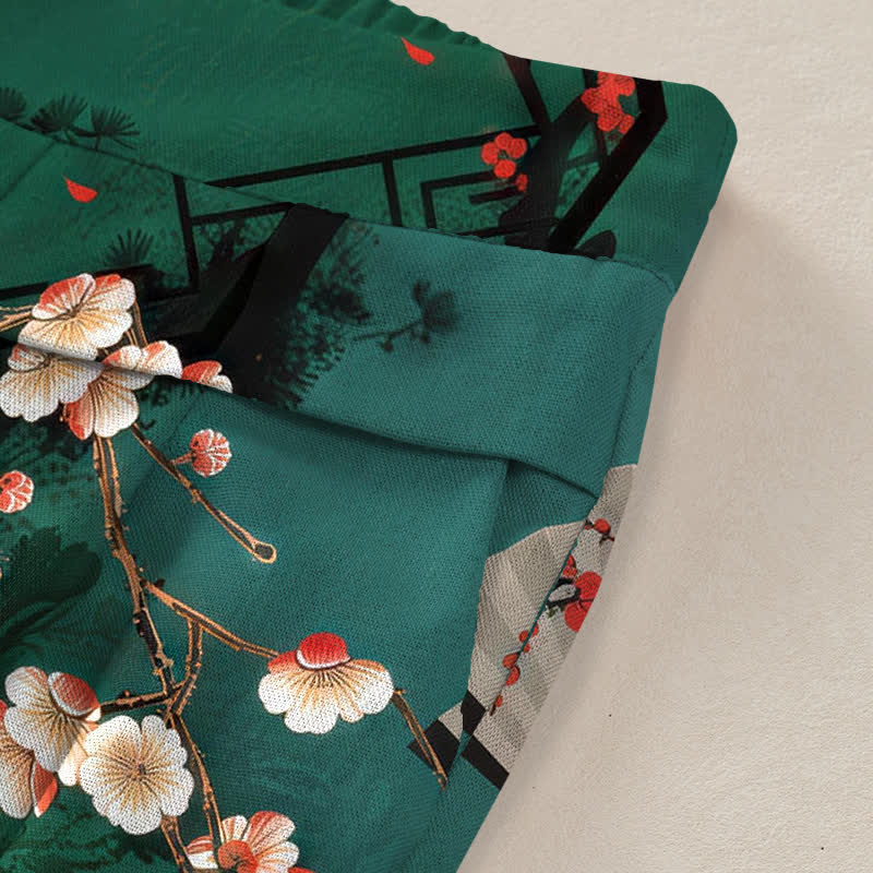 Buddha Stones Pantalon large pour femme en coton et lin, à motif floral oriental en éventail, taille élastique et poches - image 3