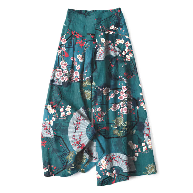 Buddha Stones Pantalon large pour femme en coton et lin, à motif floral oriental en éventail, taille élastique et poches - Sarcelle - US16，UK/AU20，EU48 (3XL) - image 5