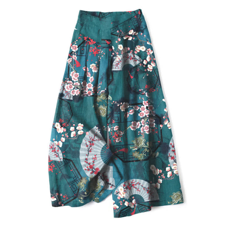 Buddha Stones Pantalon large pour femme en coton et lin, à motif floral oriental en éventail, taille élastique et poches - Sarcelle - US16，UK/AU20，EU48 (3XL) - image 5