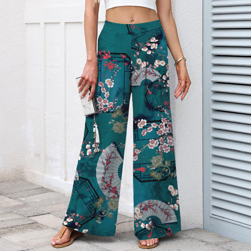 Buddha Stones Pantalon large pour femme en coton et lin, à motif floral oriental en éventail, taille élastique et poches - image 6