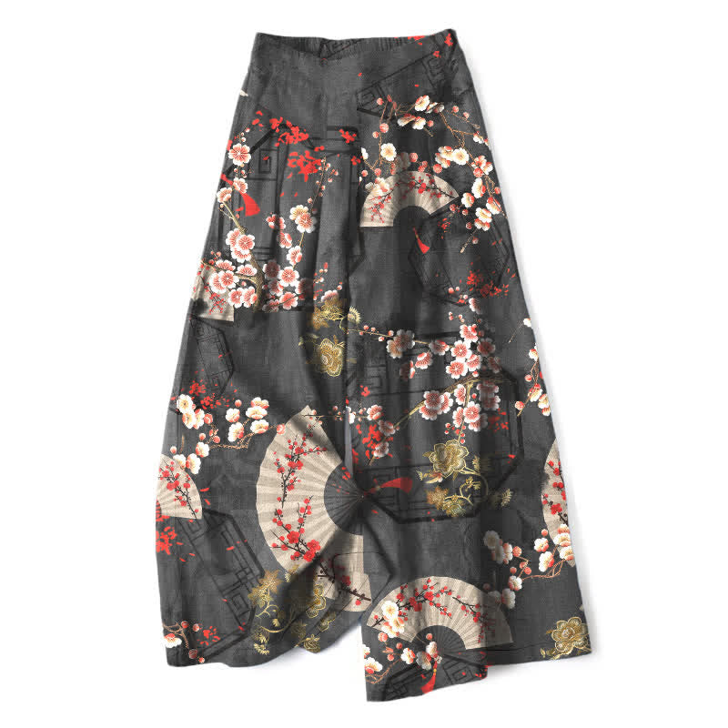 Buddha Stones Pantalon large pour femme en coton et lin, à motif floral oriental en éventail, taille élastique et poches - Gris sombre - US16，UK/AU20，EU48 (3XL) - image 7