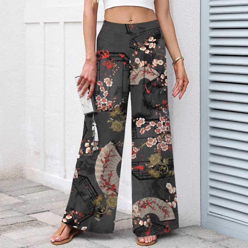 Buddha Stones Pantalon large pour femme en coton et lin, à motif floral oriental en éventail, taille élastique et poches - image 8