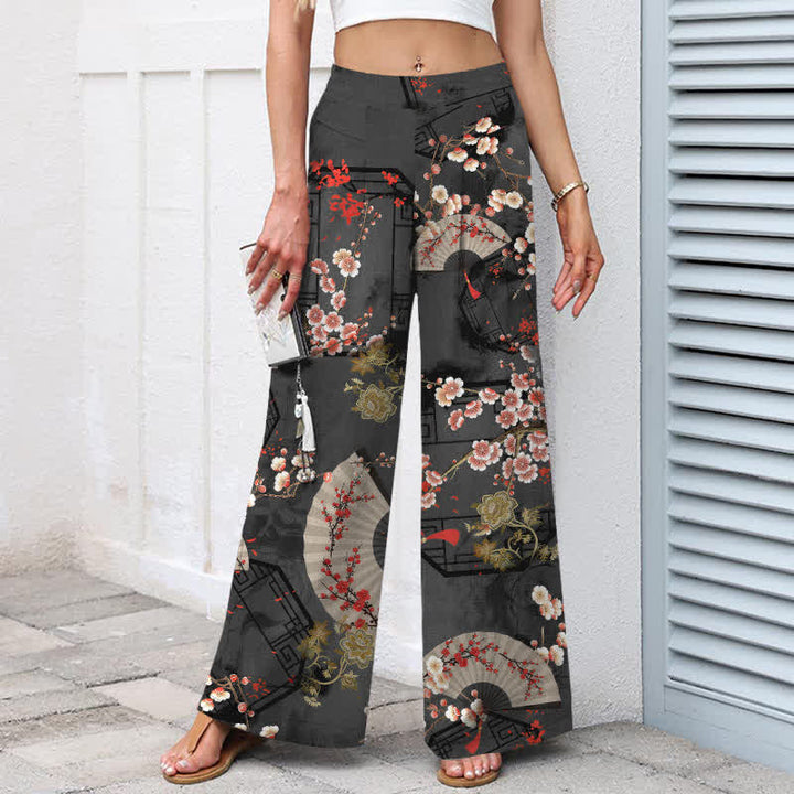 Buddha Stones Pantalon large pour femme en coton et lin, à motif floral oriental en éventail, taille élastique et poches - image 8