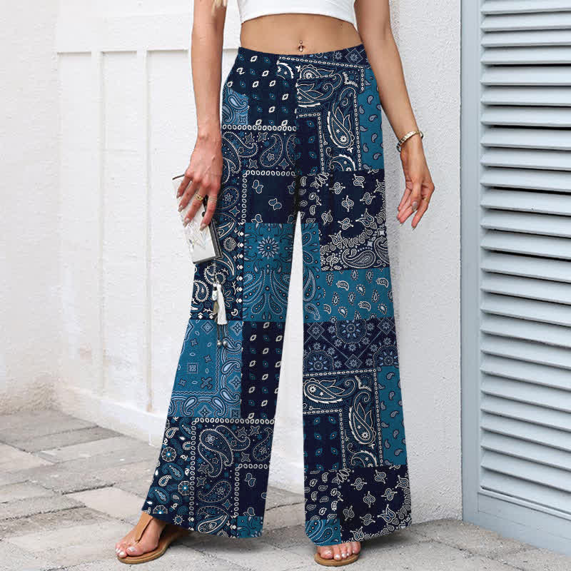 Buddha Stones Pantalon large pour femme en coton et lin à motif patchwork cachemire vintage, taille élastique et poches - image 1