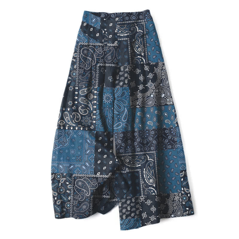Buddha Stones Pantalon large pour femme en coton et lin à motif patchwork cachemire vintage, taille élastique et poches - Marine - US16，UK/AU20，EU48 (3XL) - image 0