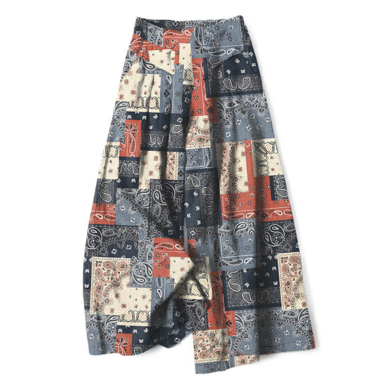 Buddha Stones Pantalon large pour femme, en patchwork de coton et lin, à motif cachemire et taille élastique, avec poches - Gris ardoise - US16，UK/AU20，EU48 (3XL) - image 0
