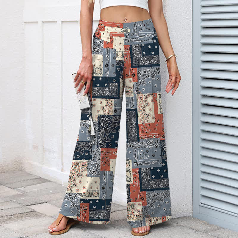 Buddha Stones Pantalon large pour femme, en patchwork de coton et lin, à motif cachemire et taille élastique, avec poches - image 1