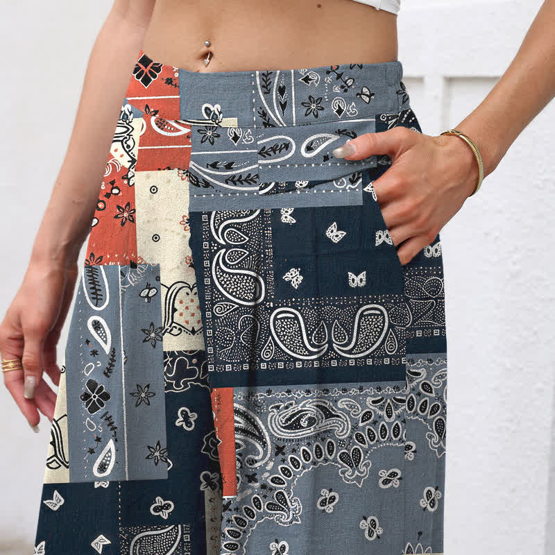 Buddha Stones Pantalon large pour femme, en patchwork de coton et lin, à motif cachemire et taille élastique, avec poches - image 2