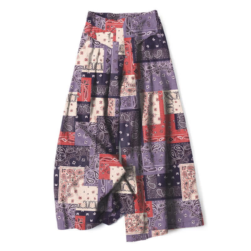 Buddha Stones Pantalon large pour femme, en patchwork de coton et lin, à motif cachemire et taille élastique, avec poches - Violet moyen - US16，UK/AU20，EU48 (3XL) - image 5