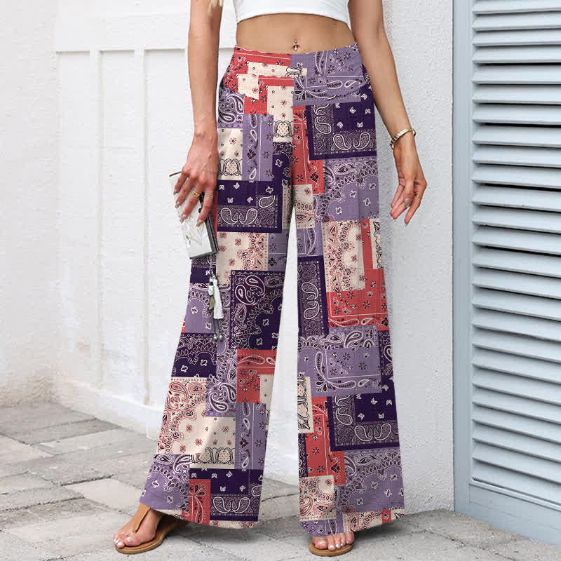 Buddha Stones Pantalon large pour femme, en patchwork de coton et lin, à motif cachemire et taille élastique, avec poches - image 6