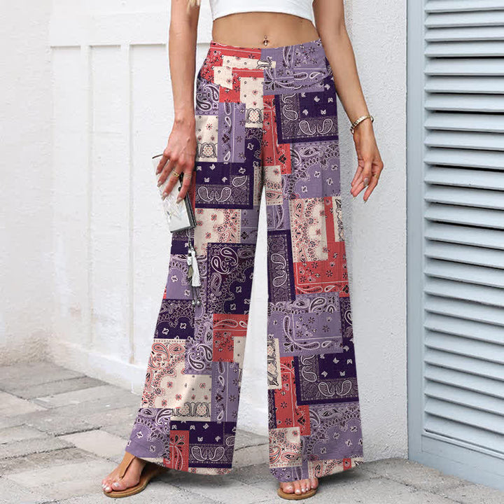 Buddha Stones Pantalon large pour femme, en patchwork de coton et lin, à motif cachemire et taille élastique, avec poches - image 6