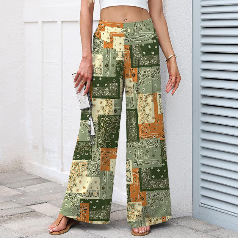 Buddha Stones Pantalon large pour femme, en patchwork de coton et lin, à motif cachemire et taille élastique, avec poches - image 8