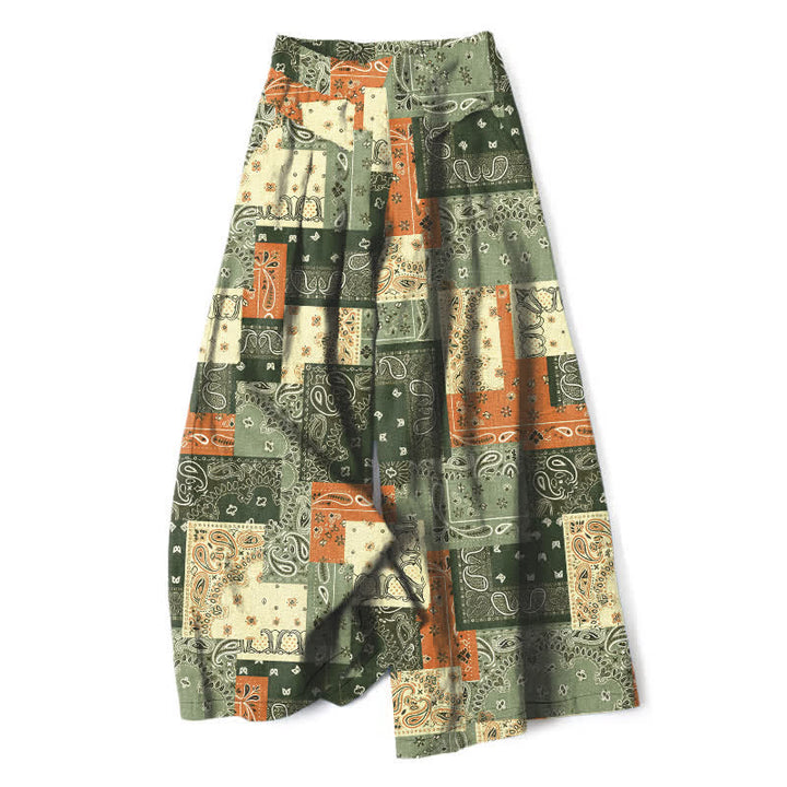Buddha Stones Pantalon large pour femme, en patchwork de coton et lin, à motif cachemire et taille élastique, avec poches - Vert olive - US16，UK/AU20，EU48 (3XL) - image 7
