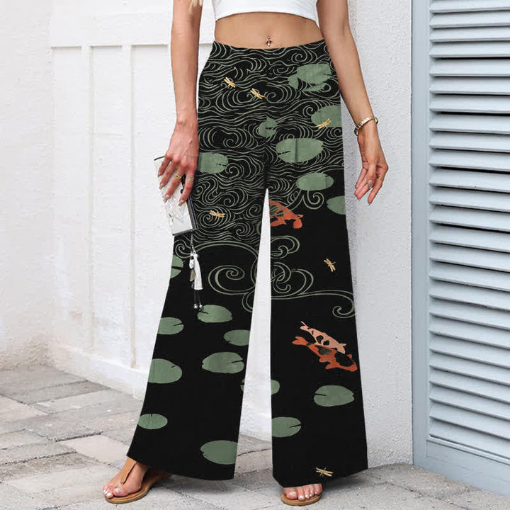 Buddha Stones Pantalon large à taille élastique et poches pour femme, en coton et lin, motif de feuilles de lotus et de carpes koï. - image 1