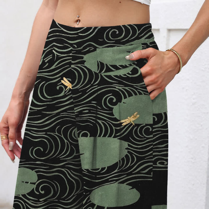 Buddha Stones Pantalon large à taille élastique et poches pour femme, en coton et lin, motif de feuilles de lotus et de carpes koï. - image 2