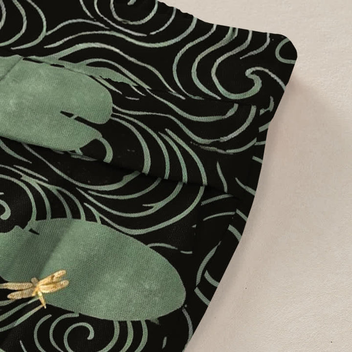 Buddha Stones Pantalon large à taille élastique et poches pour femme, en coton et lin, motif de feuilles de lotus et de carpes koï. - image 3