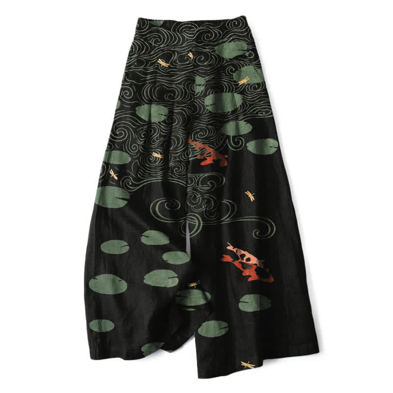 Buddha Stones Pantalon large à taille élastique et poches pour femme, en coton et lin, motif de feuilles de lotus et de carpes koï. - Noir - US16，UK/AU20，EU48 (3XL) - image 0