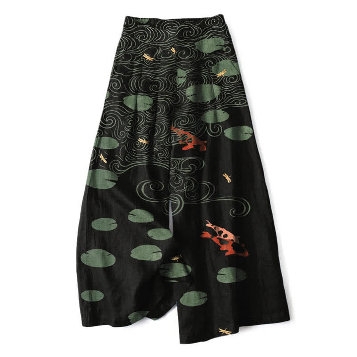 Buddha Stones Pantalon large à taille élastique et poches pour femme, en coton et lin, motif de feuilles de lotus et de carpes koï. - Noir - US16，UK/AU20，EU48 (3XL) - image 0