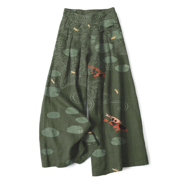 Buddha Stones Pantalon large à taille élastique et poches pour femme, en coton et lin, motif de feuilles de lotus et de carpes koï. - Vert olive foncé - US16，UK/AU20，EU48 (3XL) - image 5
