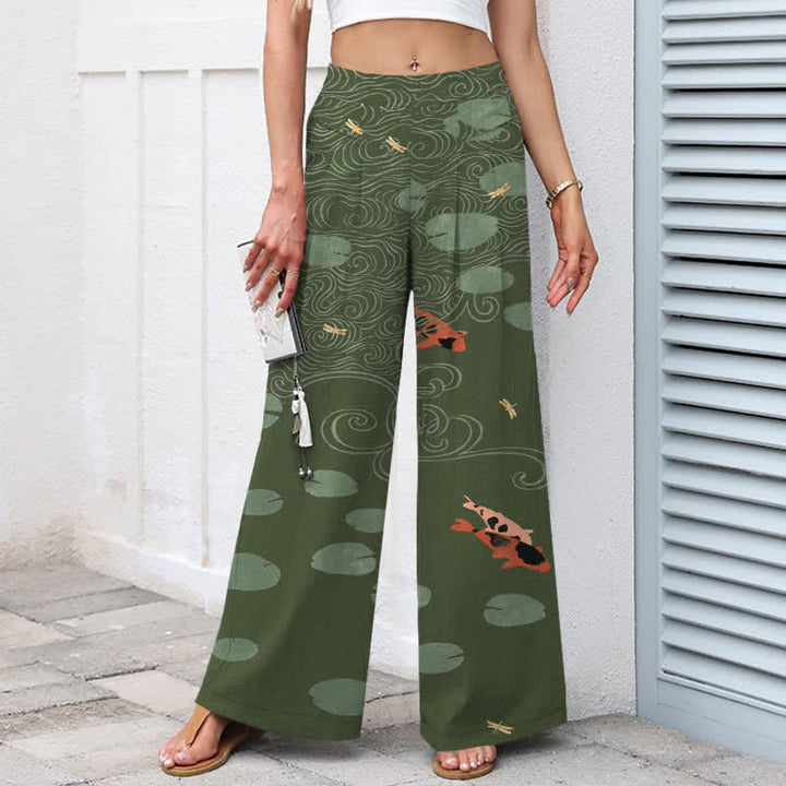 Buddha Stones Pantalon large à taille élastique et poches pour femme, en coton et lin, motif de feuilles de lotus et de carpes koï. - image 6
