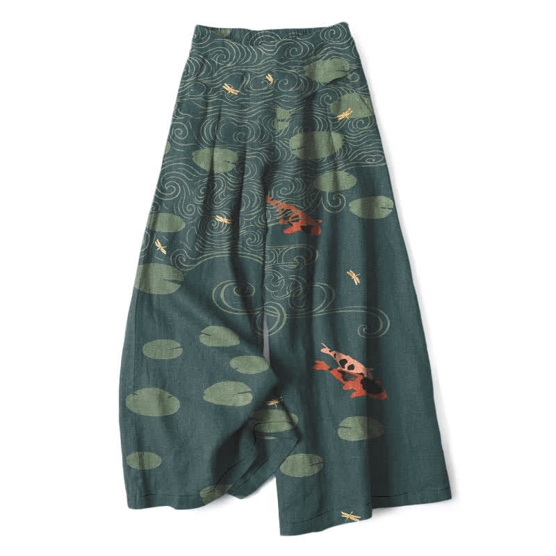 Buddha Stones Pantalon large à taille élastique et poches pour femme, en coton et lin, motif de feuilles de lotus et de carpes koï. - Sarcelle - US16，UK/AU20，EU48 (3XL) - image 7