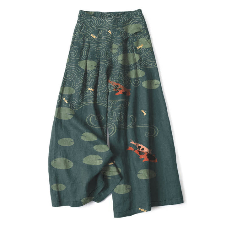 Buddha Stones Pantalon large à taille élastique et poches pour femme, en coton et lin, motif de feuilles de lotus et de carpes koï. - Sarcelle - US16，UK/AU20，EU48 (3XL) - image 7