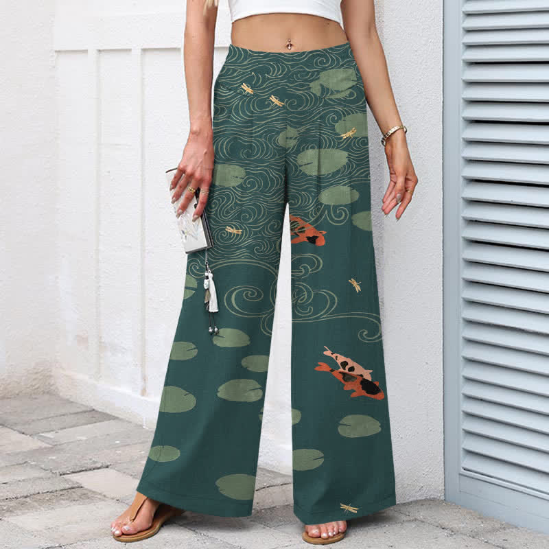 Buddha Stones Pantalon large à taille élastique et poches pour femme, en coton et lin, motif de feuilles de lotus et de carpes koï. - image 8