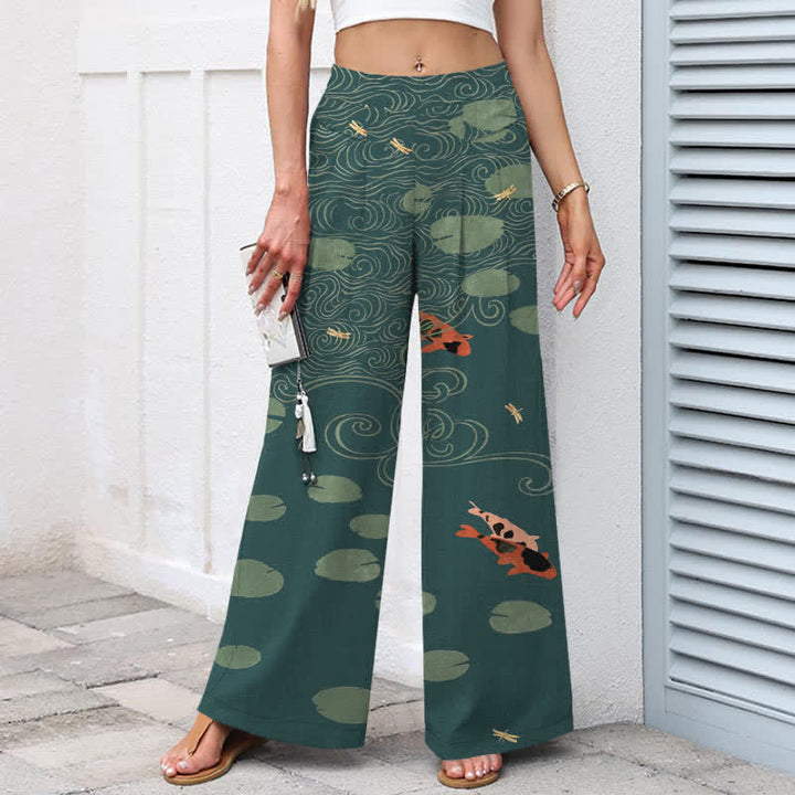 Buddha Stones Pantalon large à taille élastique et poches pour femme, en coton et lin, motif de feuilles de lotus et de carpes koï. - image 8