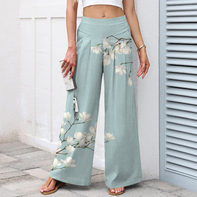 Buddha Stones Pantalon large pour femme en coton et lin à motif floral vintage, taille élastique et poches - image 1