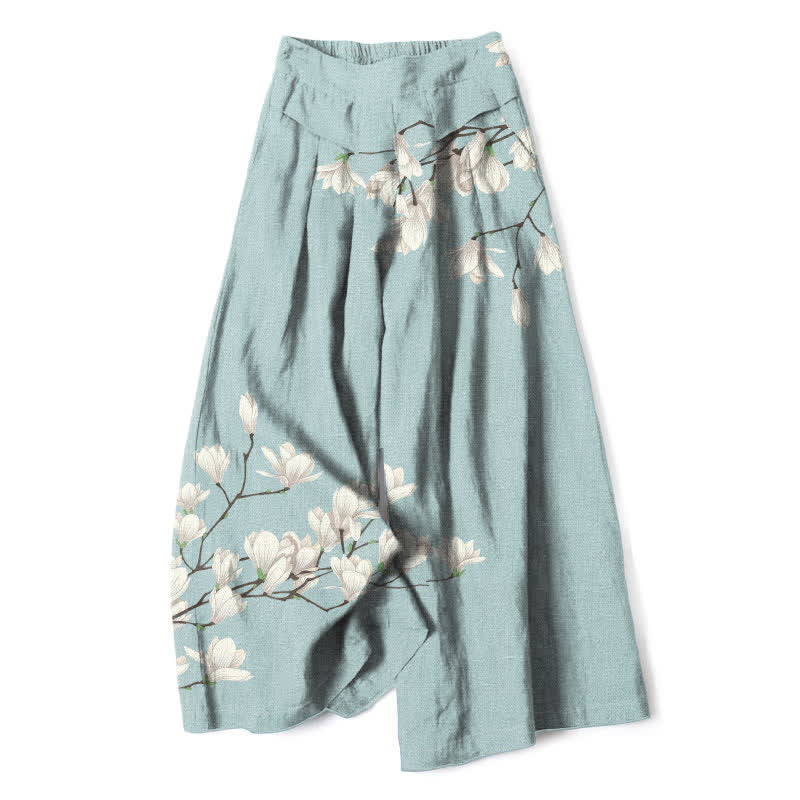 Buddha Stones Pantalon large pour femme en coton et lin à motif floral vintage, taille élastique et poches - Turquoise pâle - US16，UK/AU20，EU48 (3XL) - image 0