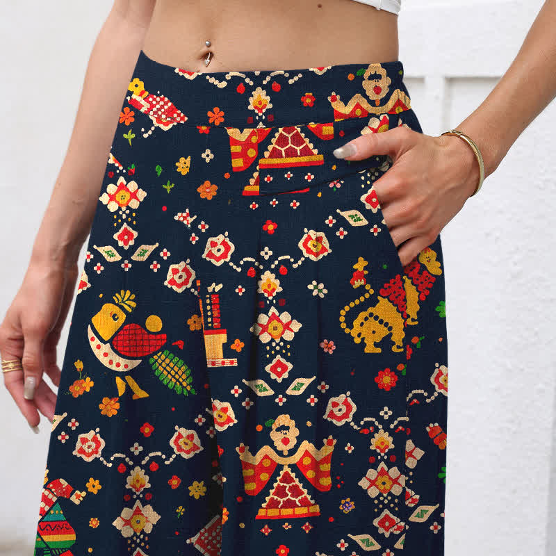 Buddha Stones Pantalon large à taille élastique et poches pour femme, en coton et lin, motif géométrique bohème - image 2