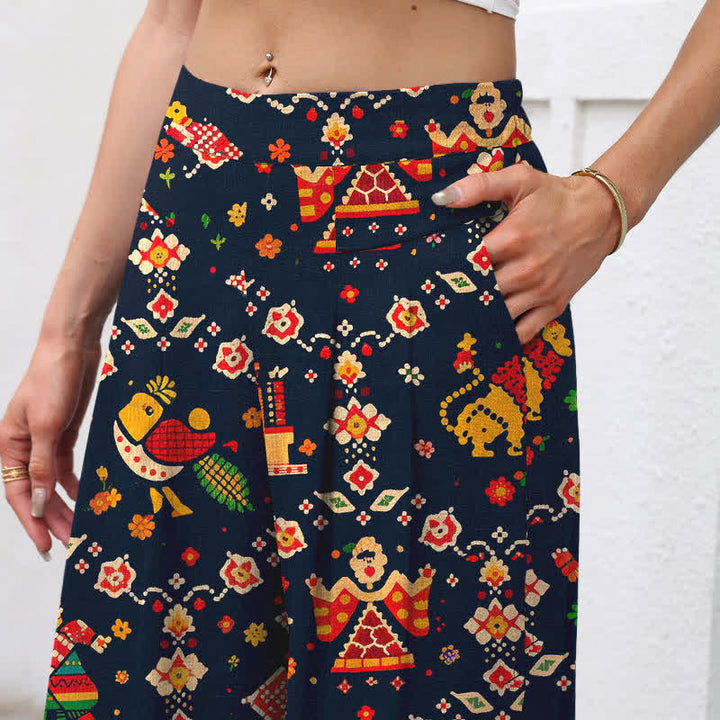 Buddha Stones Pantalon large à taille élastique et poches pour femme, en coton et lin, motif géométrique bohème - image 2