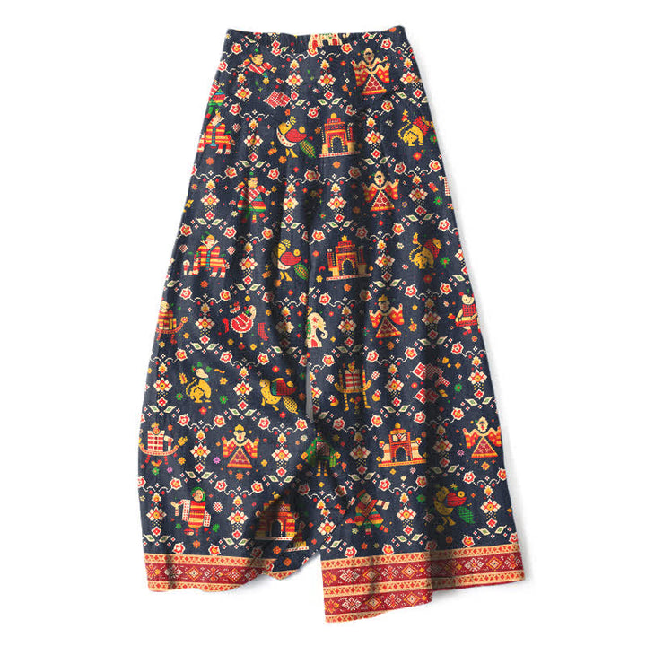 Buddha Stones Pantalon large à taille élastique et poches pour femme, en coton et lin, motif géométrique bohème - Bleu nuit - US16，UK/AU20，EU48 (3XL) - image 0