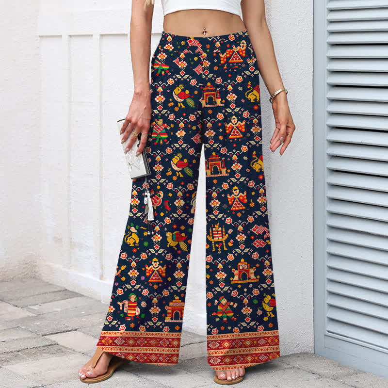Buddha Stones Pantalon large à taille élastique et poches pour femme, en coton et lin, motif géométrique bohème - image 1