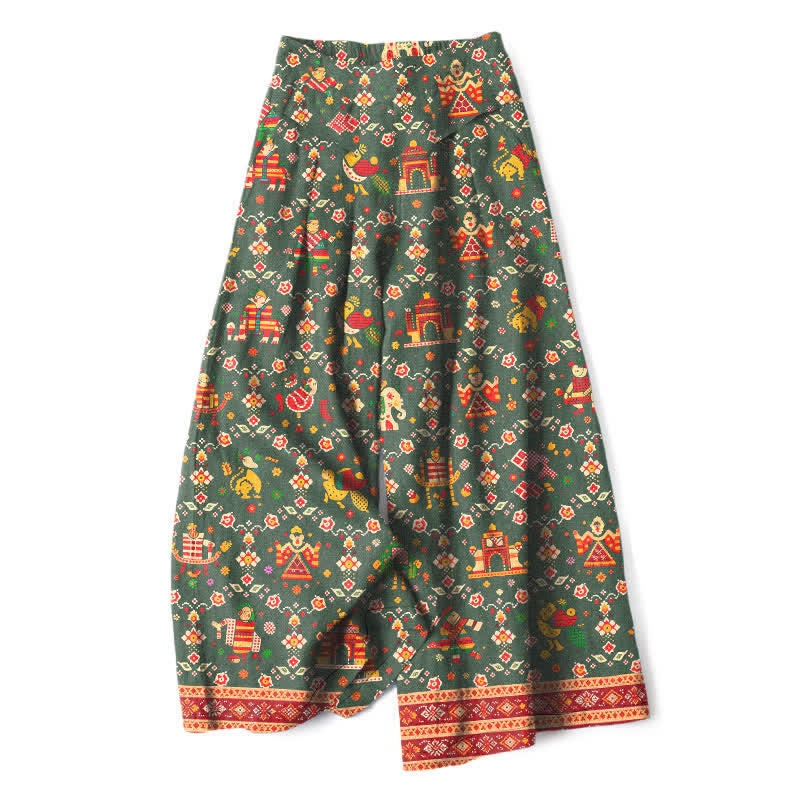 Buddha Stones Pantalon large à taille élastique et poches pour femme, en coton et lin, motif géométrique bohème - Vert olive foncé - US16，UK/AU20，EU48 (3XL) - image 5