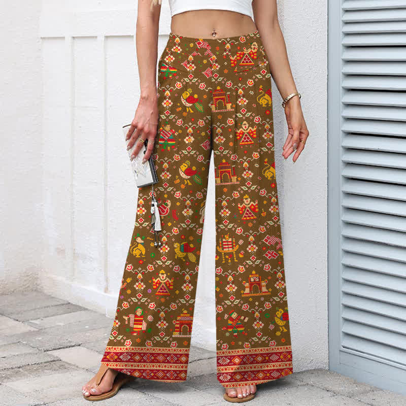 Buddha Stones Pantalon large à taille élastique et poches pour femme, en coton et lin, motif géométrique bohème - image 8