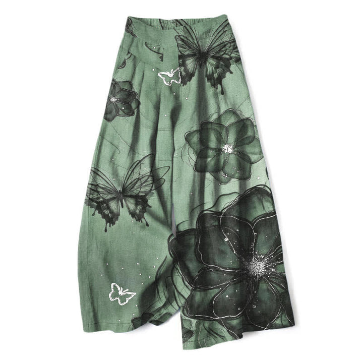 Buddha Stones Pantalon large en coton et lin à motif floral papillon pour femme, taille élastique et poches - Aigue-marine moyenne - US16，UK/AU20，EU48 (3XL) - image 0