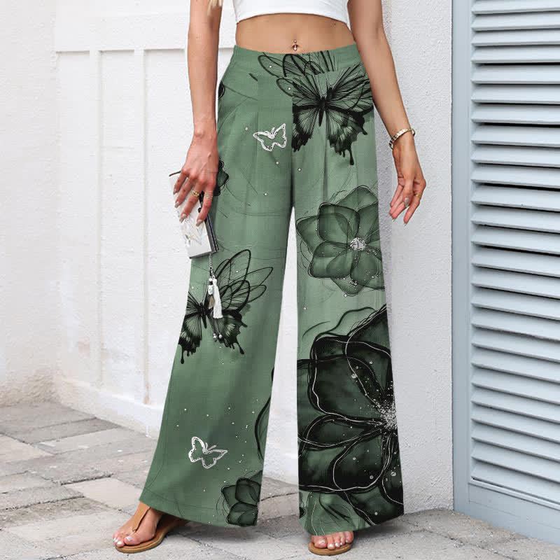 Buddha Stones Pantalon large en coton et lin à motif floral papillon pour femme, taille élastique et poches - image 1