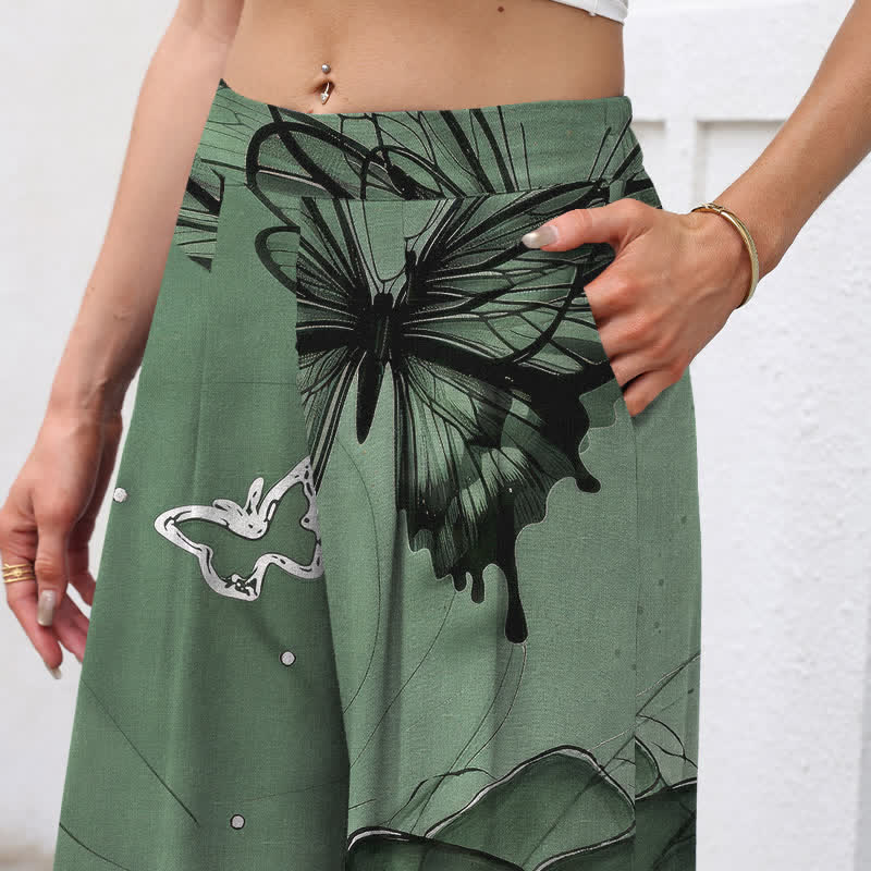 Buddha Stones Pantalon large en coton et lin à motif floral papillon pour femme, taille élastique et poches - image 2
