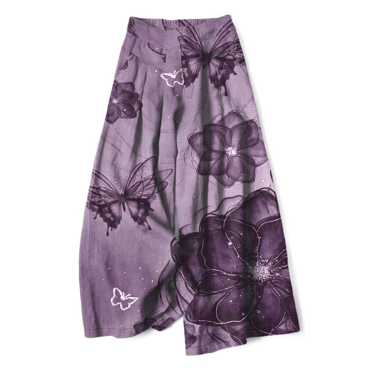 Buddha Stones Pantalon large en coton et lin à motif floral papillon pour femme, taille élastique et poches - Violet moyen - US16，UK/AU20，EU48 (3XL) - image 5