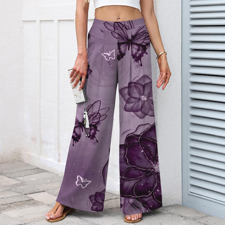 Buddha Stones Pantalon large en coton et lin à motif floral papillon pour femme, taille élastique et poches - image 6